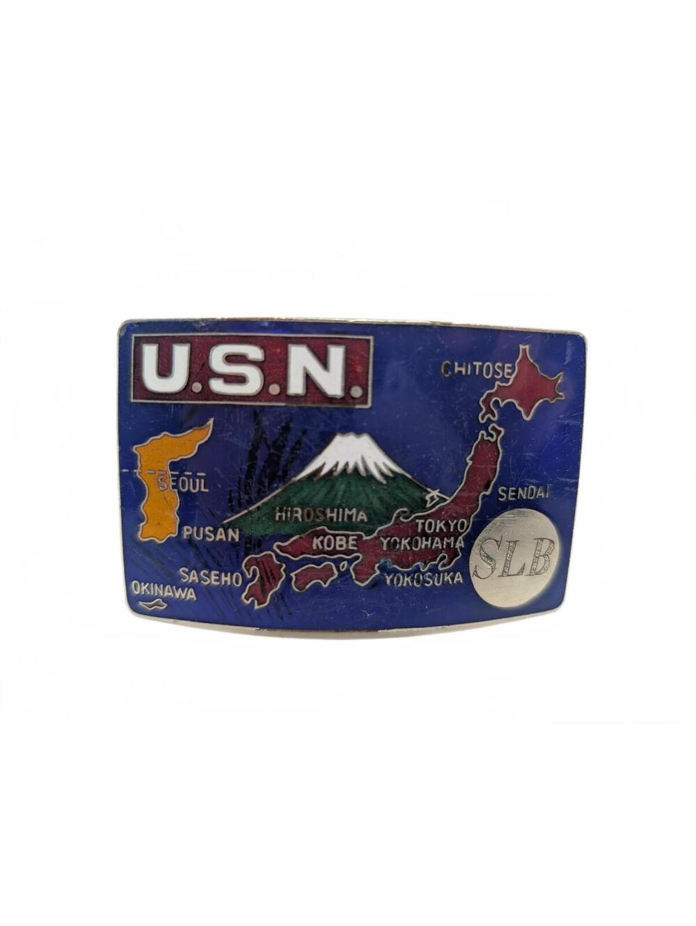 Vintage 1950s USN Navy Japan Korea Map Enamel Souvenir Belt Buckle
